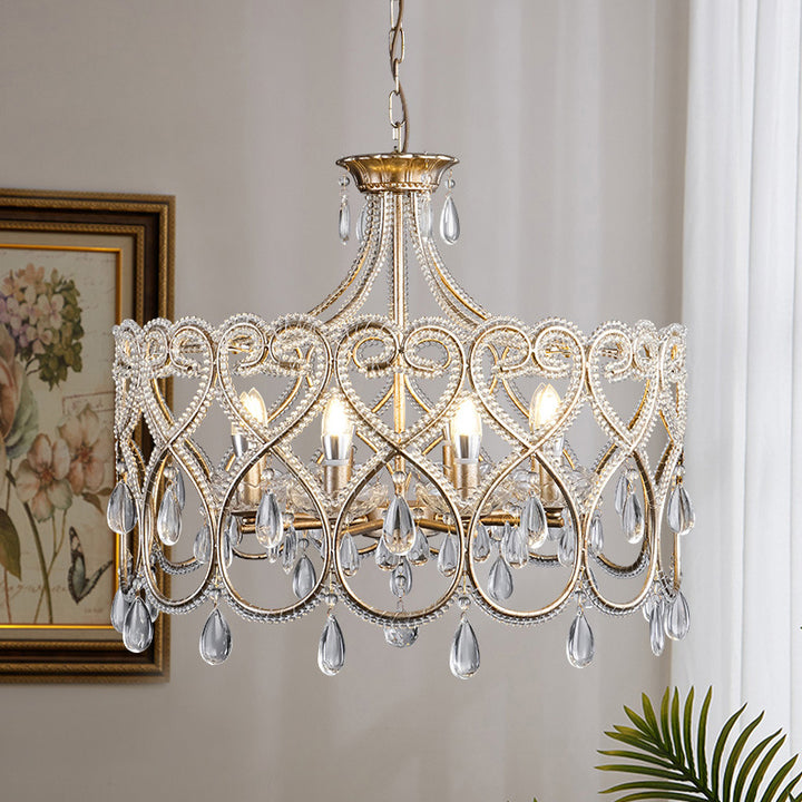 Lámpara de araña de 6/8 luces con marco de corazón de hierro tradicional francés y decoración de cristal para comedor 
