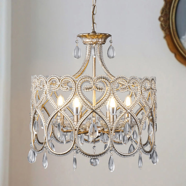 Lámpara de araña de 6/8 luces con marco de corazón de hierro tradicional francés y decoración de cristal para comedor 