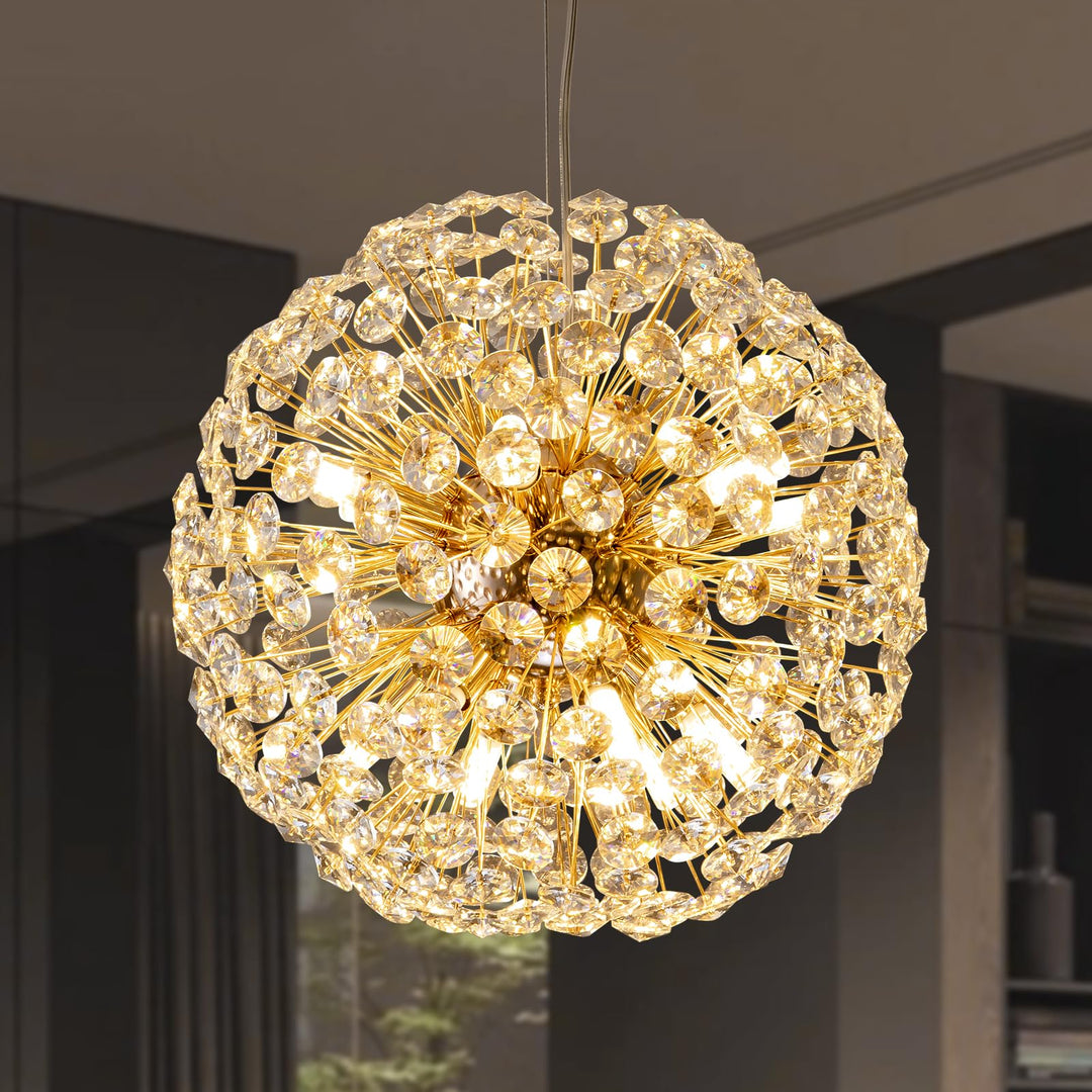 Lustre moderne de luxe en cristal globe pissenlit en fer et aluminium 6/9 lumières pour salle à manger 