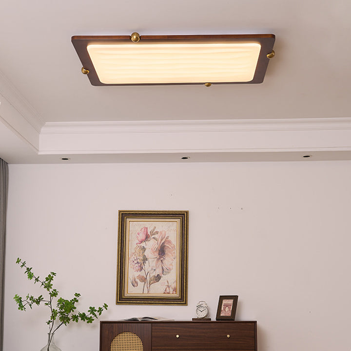 Zeitgenössische Retro Deckenleuchte aus massivem Holz und Acryl mit rechteckigem LED-Flush-Mount für das Wohnzimmer 