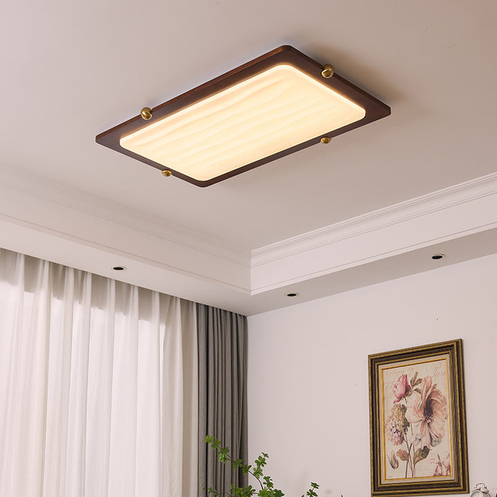 Zeitgenössische Retro Deckenleuchte aus massivem Holz und Acryl mit rechteckigem LED-Flush-Mount für das Wohnzimmer 