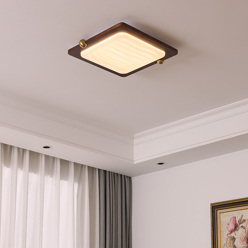 Zeitgenössische Retro Deckenleuchte aus massivem Holz und Acryl mit rechteckigem LED-Flush-Mount für das Wohnzimmer 