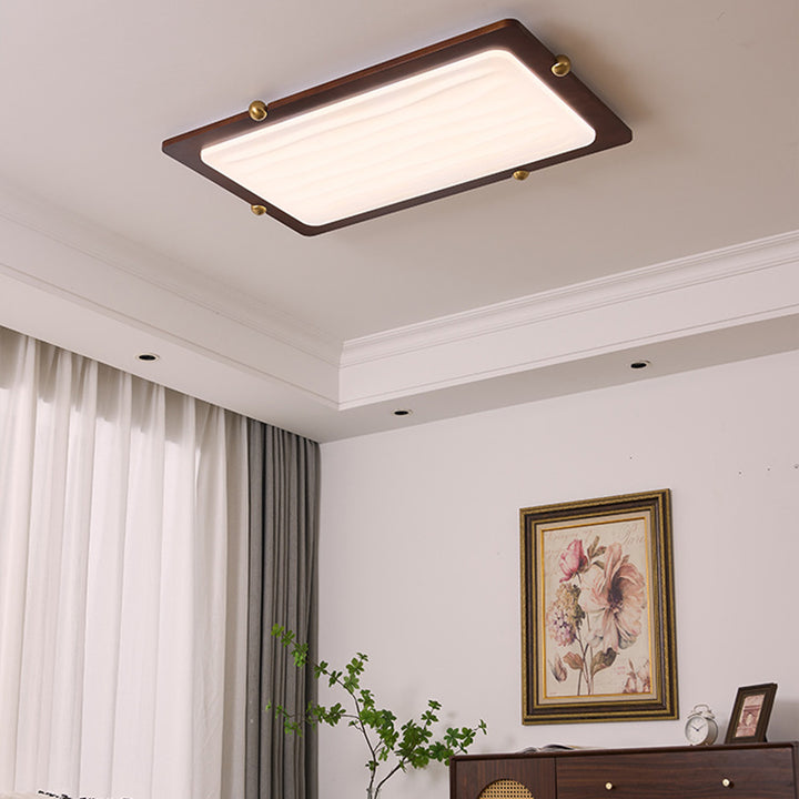Zeitgenössische Retro Deckenleuchte aus massivem Holz und Acryl mit rechteckigem LED-Flush-Mount für das Wohnzimmer 