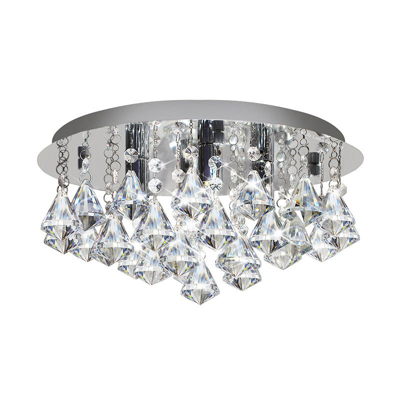 Lustre Plafonnier Rond en Acier Inoxydable à 4 Lumières avec Gouttes de Pluie en Cristal de Luxe Contemporain pour Salon 