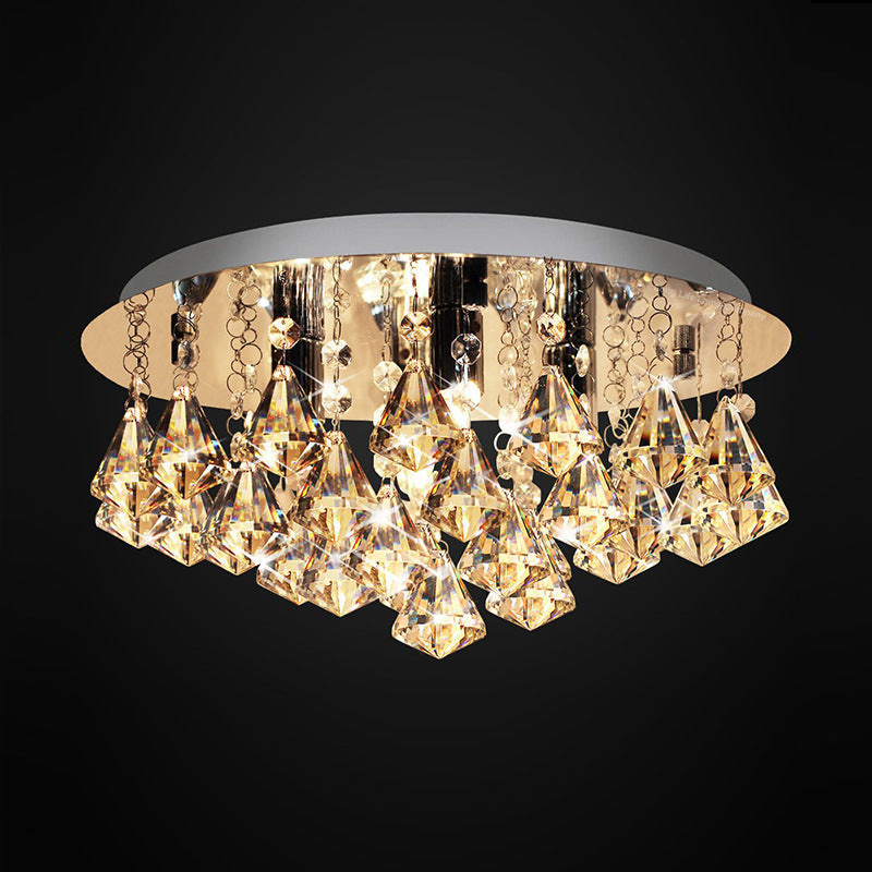 Lustre Plafonnier Rond en Acier Inoxydable à 4 Lumières avec Gouttes de Pluie en Cristal de Luxe Contemporain pour Salon 