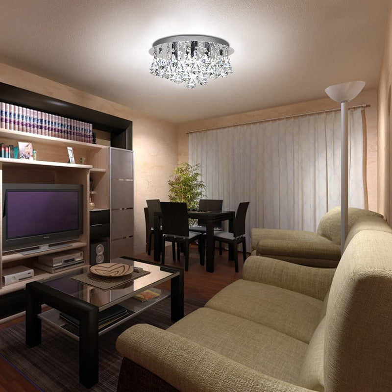 Lustre Plafonnier Rond en Acier Inoxydable à 4 Lumières avec Gouttes de Pluie en Cristal de Luxe Contemporain pour Salon 