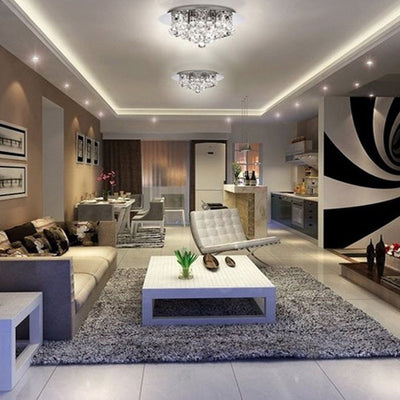 Lustre Plafonnier Rond en Acier Inoxydable à 4 Lumières avec Gouttes de Pluie en Cristal de Luxe Contemporain pour Salon 
