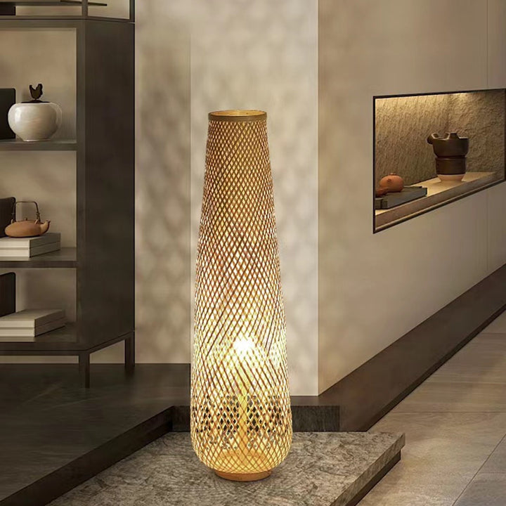 Traditional Japanese Bamboo Weaving Hollow Column 1-Light Standing Floor Lamp For Dining Room