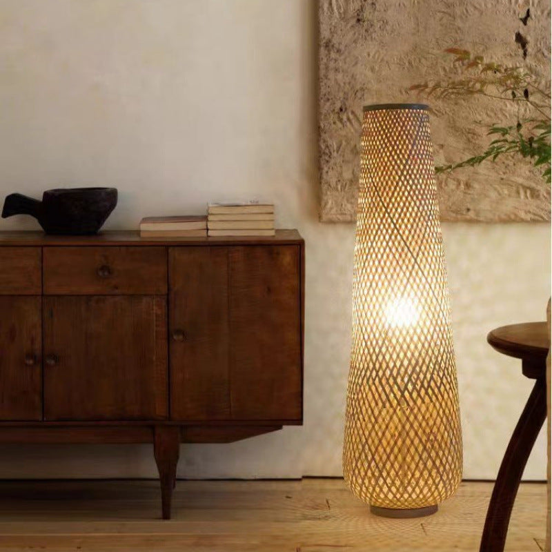 Traditional Japanese Bamboo Weaving Hollow Column 1-Light Standing Floor Lamp For Dining Room