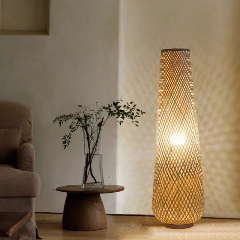 Traditional Japanese Bamboo Weaving Hollow Column 1-Light Standing Floor Lamp For Dining Room