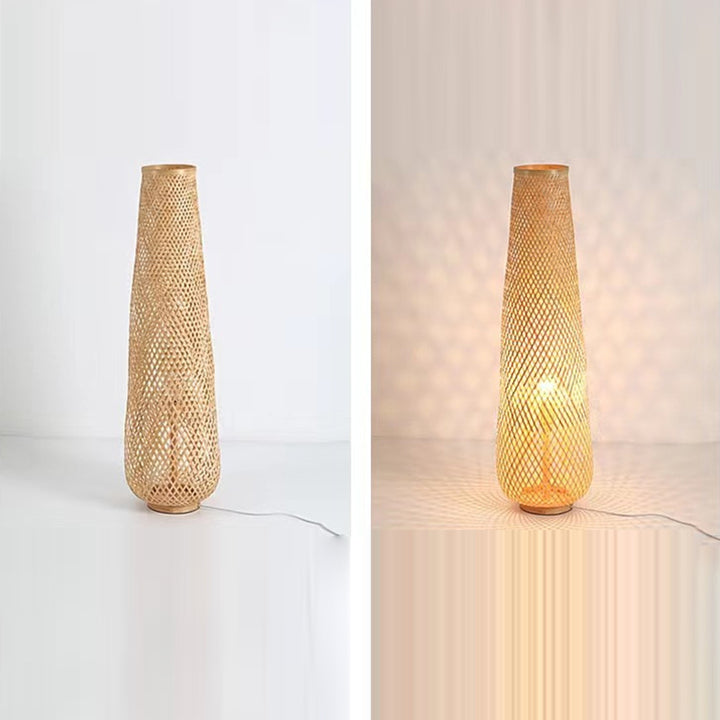 Traditional Japanese Bamboo Weaving Hollow Column 1-Light Standing Floor Lamp For Dining Room