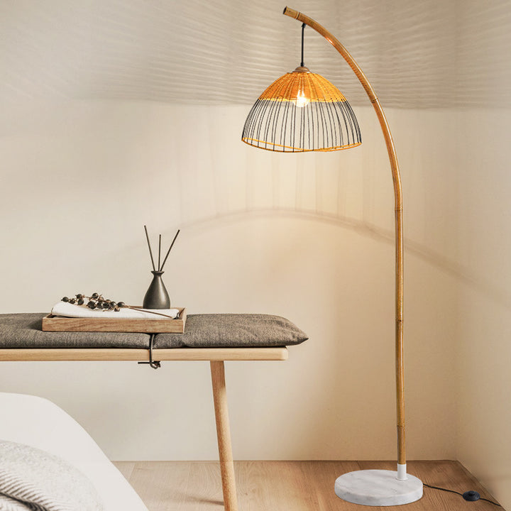 Traditionelle Vintage-Bambus-Webkuppel-Schirm Marmor 1-Licht Stehende Stehlampe Für Studium 