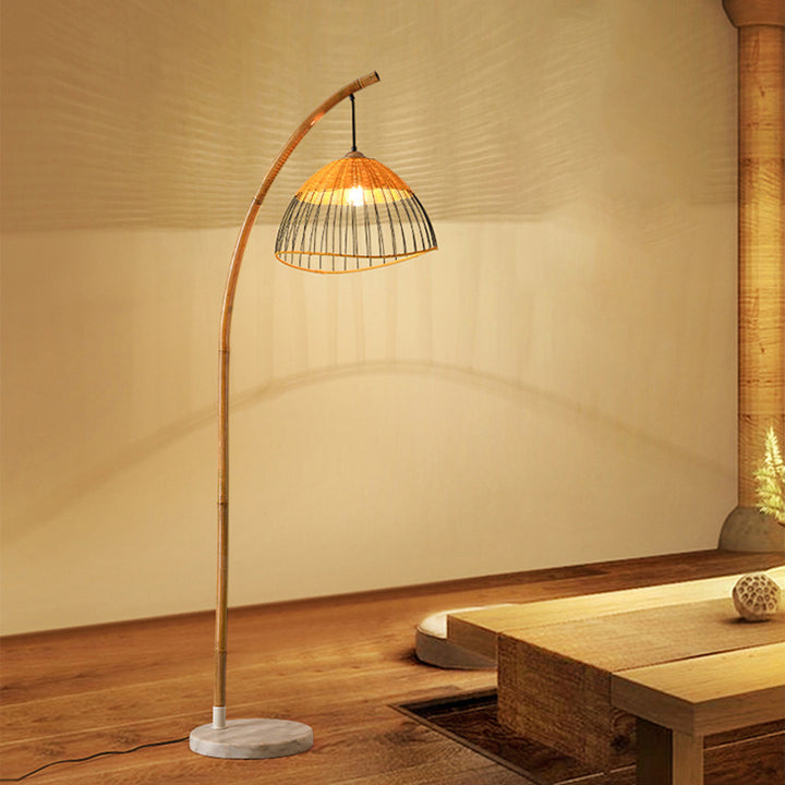 Traditionelle Vintage-Bambus-Webkuppel-Schirm Marmor 1-Licht Stehende Stehlampe Für Studium 