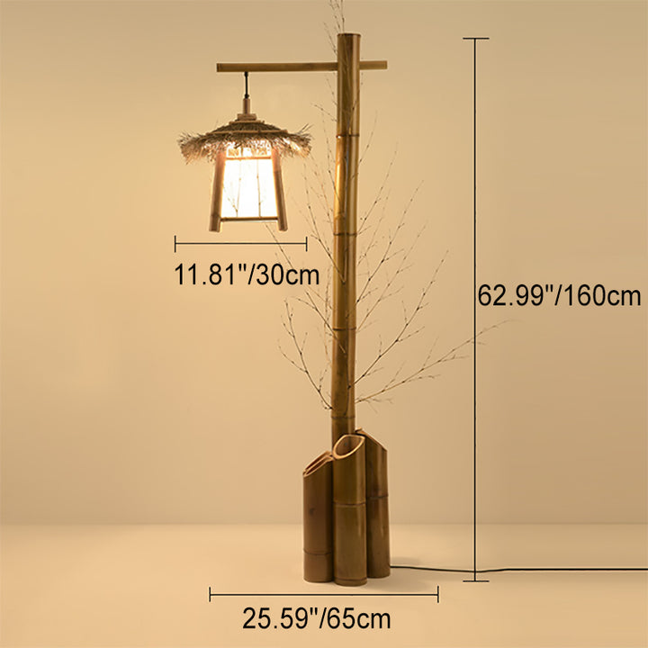 Zeitgenössische kreative Strohdachhütte Schatten Bambusrohrbasis 1-Licht Stehlampe für Esszimmer 