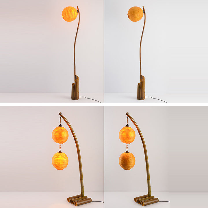 Zeitgenössische Retro Bambus Webkugel Schirm Bogenrahmen 1/2/3-Licht Stehende Stehlampe für Esszimmer 