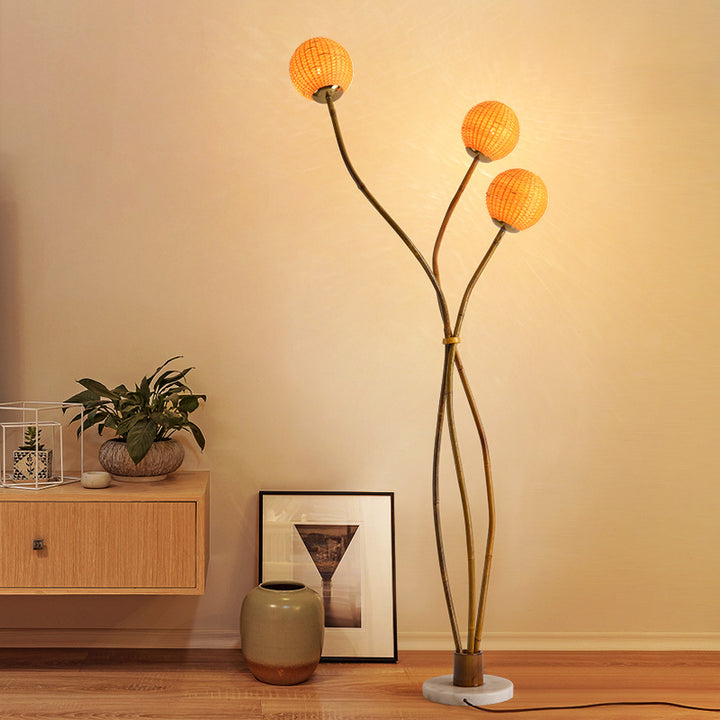 Zeitgenössische Retro Bambus Webkugel Schirm Bogenrahmen 1/2/3-Licht Stehende Stehlampe für Esszimmer 