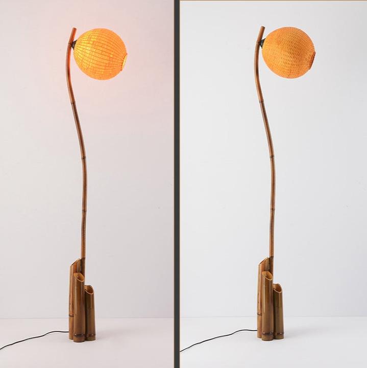 Zeitgenössische Retro Bambus Webkugel Schirm Bogenrahmen 1/2/3-Licht Stehende Stehlampe für Esszimmer 