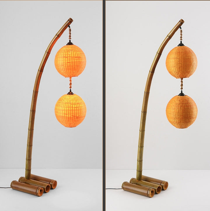 Zeitgenössische Retro Bambus Webkugel Schirm Bogenrahmen 1/2/3-Licht Stehende Stehlampe für Esszimmer 