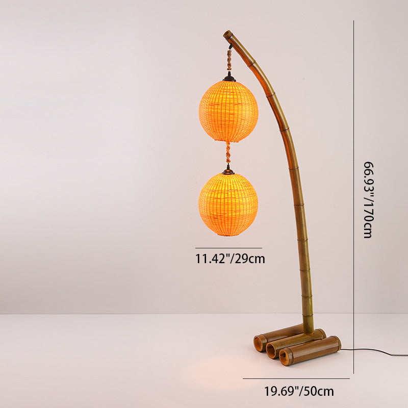 Zeitgenössische Retro Bambus Webkugel Schirm Bogenrahmen 1/2/3-Licht Stehende Stehlampe für Esszimmer 