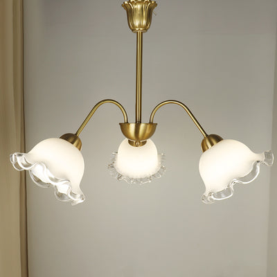 Chandelier contemporain de luxe en cuivre avec abat-jour en verre fleur à 3 lumières pour salon 