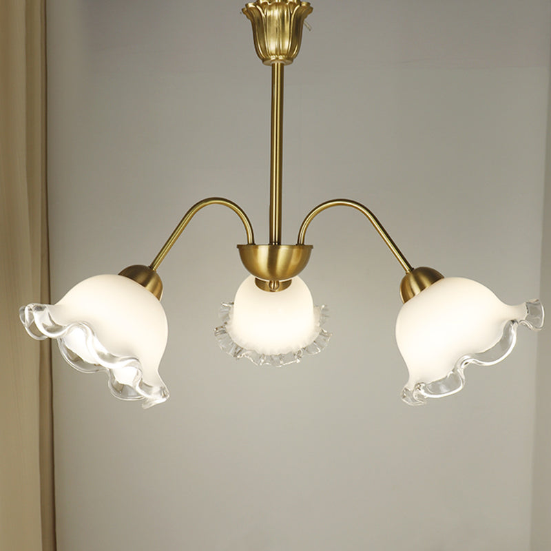 Chandelier contemporain de luxe en cuivre avec abat-jour en verre fleur à 3 lumières pour salon 