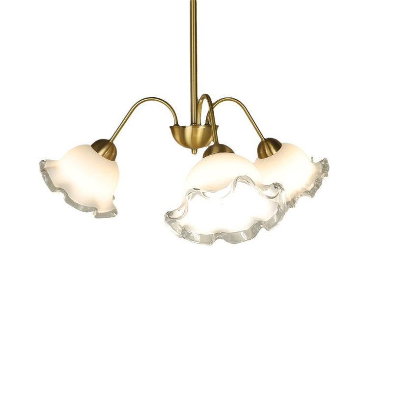 Chandelier contemporain de luxe en cuivre avec abat-jour en verre fleur à 3 lumières pour salon 