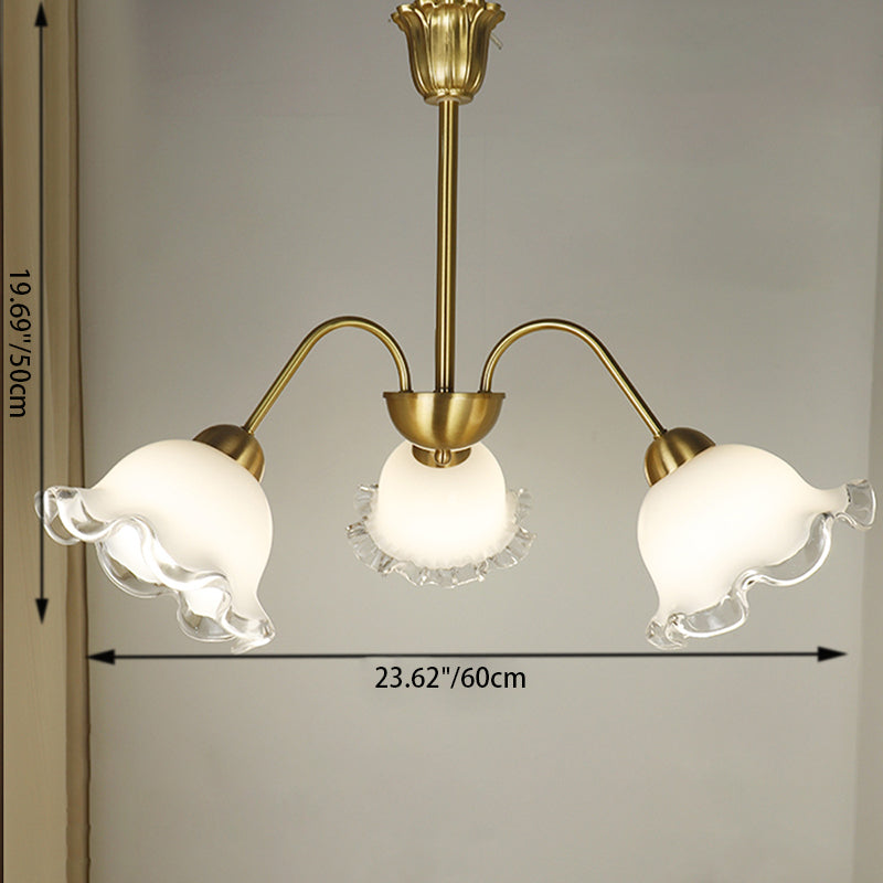 Chandelier contemporain de luxe en cuivre avec abat-jour en verre fleur à 3 lumières pour salon 