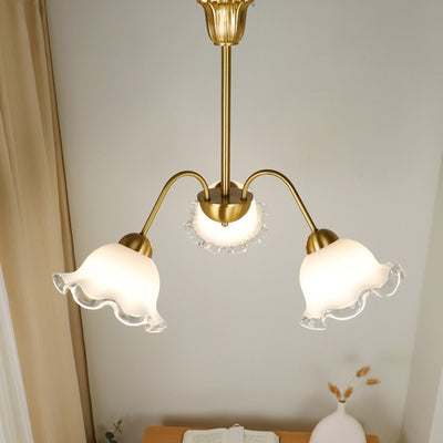 Chandelier contemporain de luxe en cuivre avec abat-jour en verre fleur à 3 lumières pour salon 