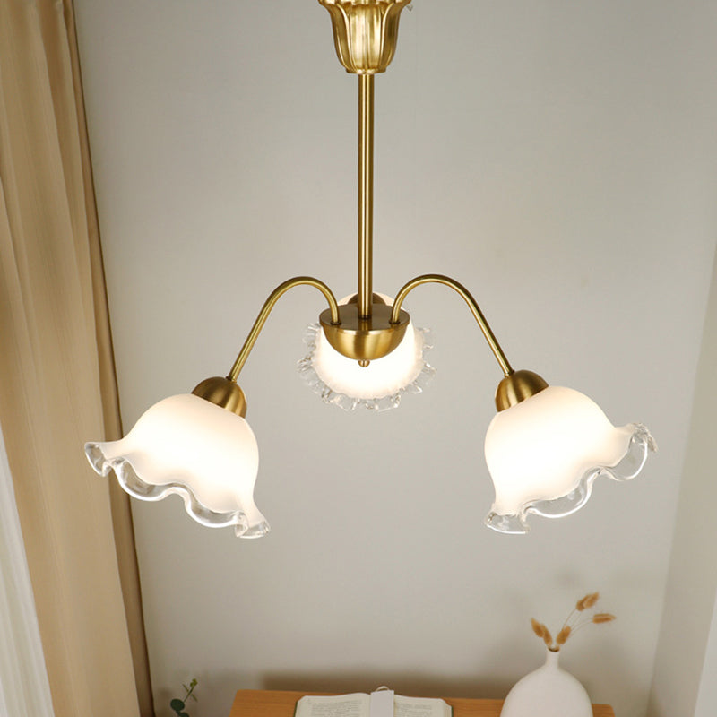 Chandelier contemporain de luxe en cuivre avec abat-jour en verre fleur à 3 lumières pour salon 