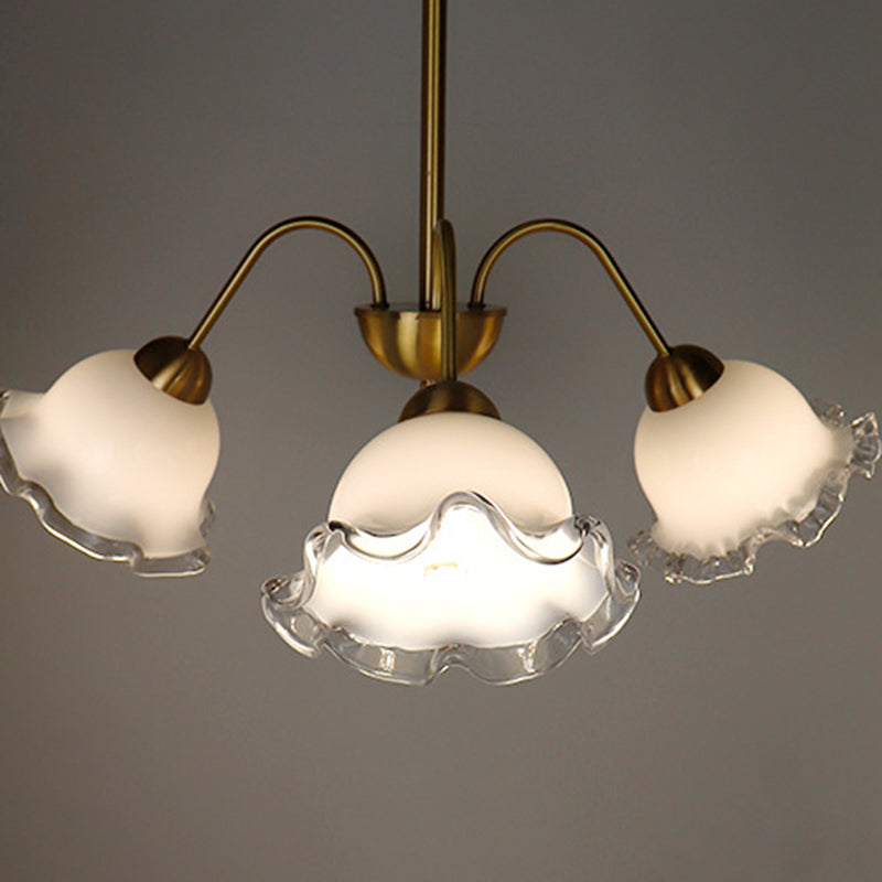 Chandelier contemporain de luxe en cuivre avec abat-jour en verre fleur à 3 lumières pour salon 