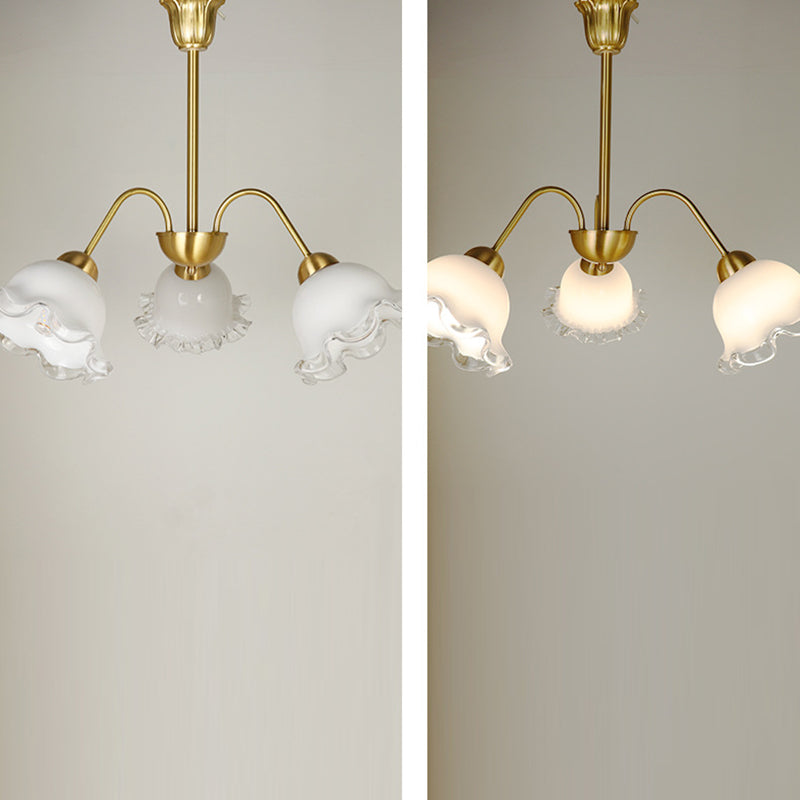 Chandelier contemporain de luxe en cuivre avec abat-jour en verre fleur à 3 lumières pour salon 