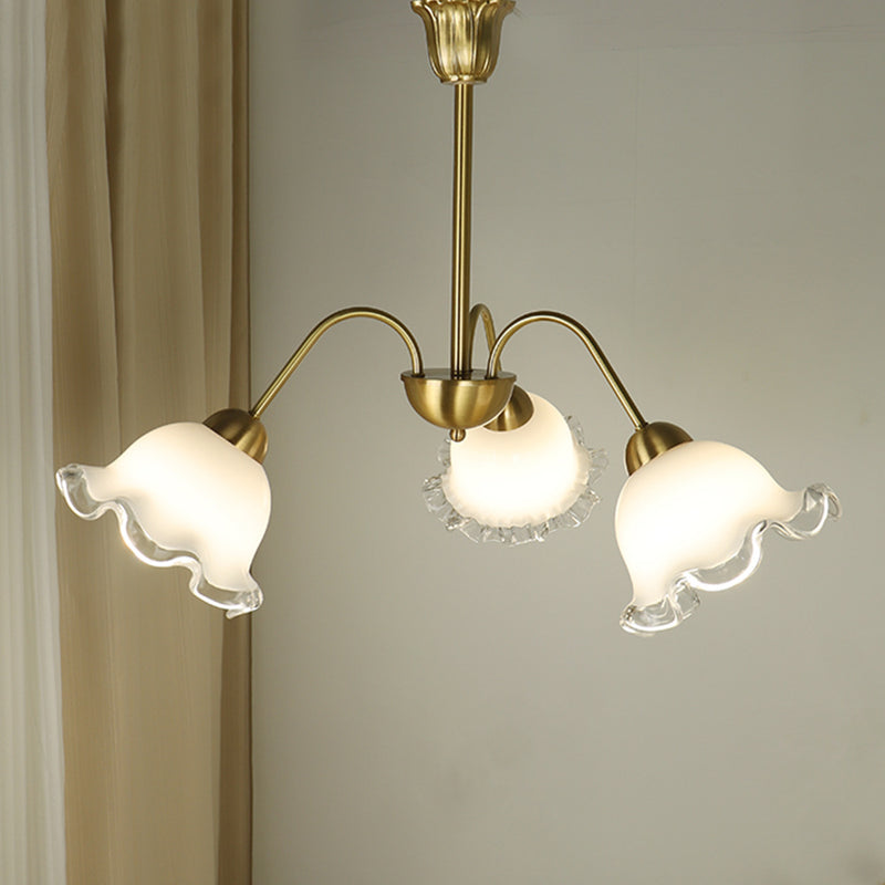 Chandelier contemporain de luxe en cuivre avec abat-jour en verre fleur à 3 lumières pour salon 