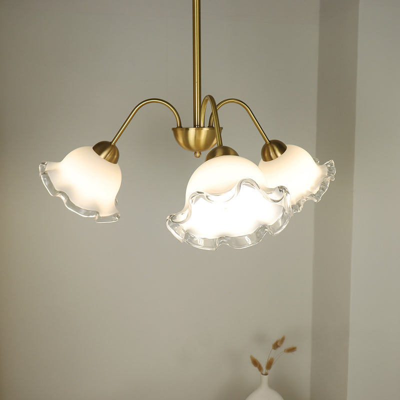 Chandelier contemporain de luxe en cuivre avec abat-jour en verre fleur à 3 lumières pour salon 