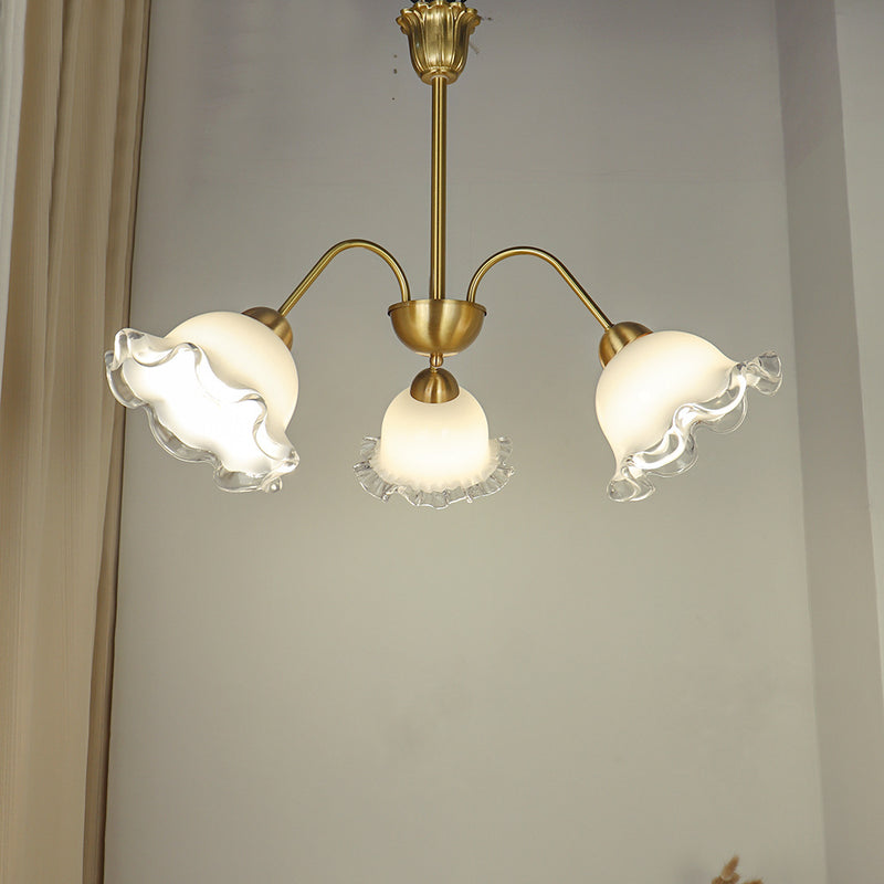 Chandelier contemporain de luxe en cuivre avec abat-jour en verre fleur à 3 lumières pour salon 