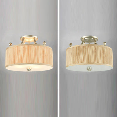 Traditional French Pleated Fabric Cylinder Shade Iron 3-Light Semi-Flush Mount Ceiling Light For Hallway
