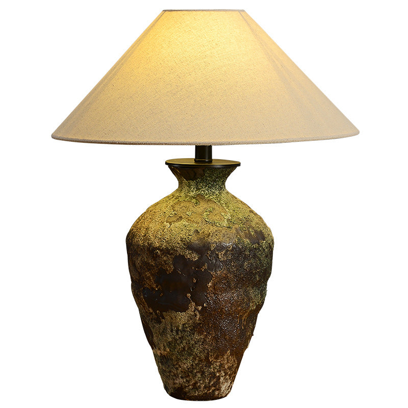 Traditional Japanese Fabric Conical Shade Stoneware Base 1-Light Table Lamp For Home Office
