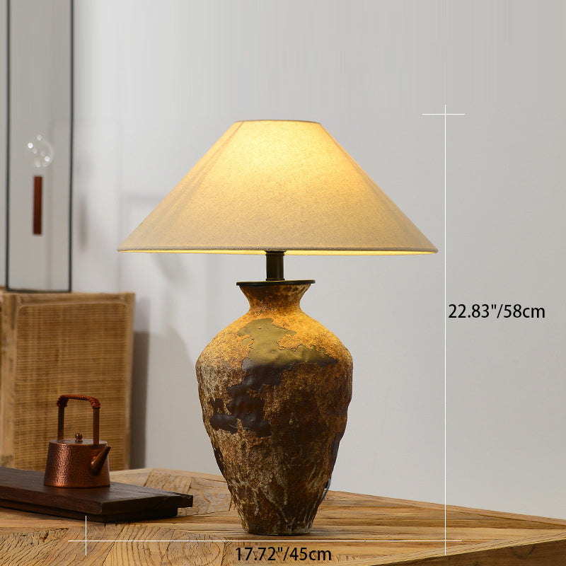 Traditional Japanese Fabric Conical Shade Stoneware Base 1-Light Table Lamp For Home Office