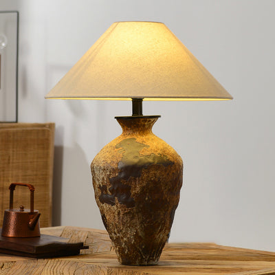 Traditional Japanese Fabric Conical Shade Stoneware Base 1-Light Table Lamp For Home Office