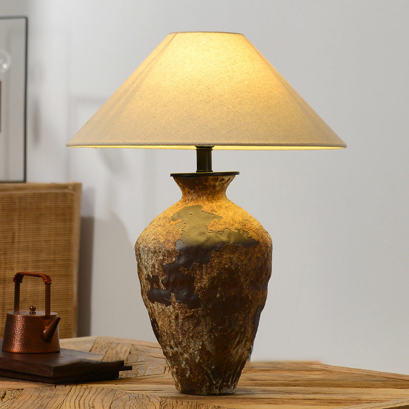 Traditional Japanese Fabric Conical Shade Stoneware Base 1-Light Table Lamp For Home Office