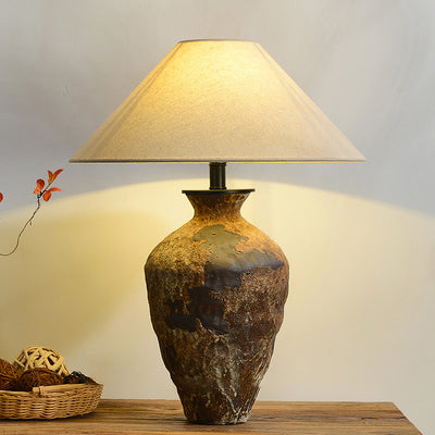 Traditional Japanese Fabric Conical Shade Stoneware Base 1-Light Table Lamp For Home Office