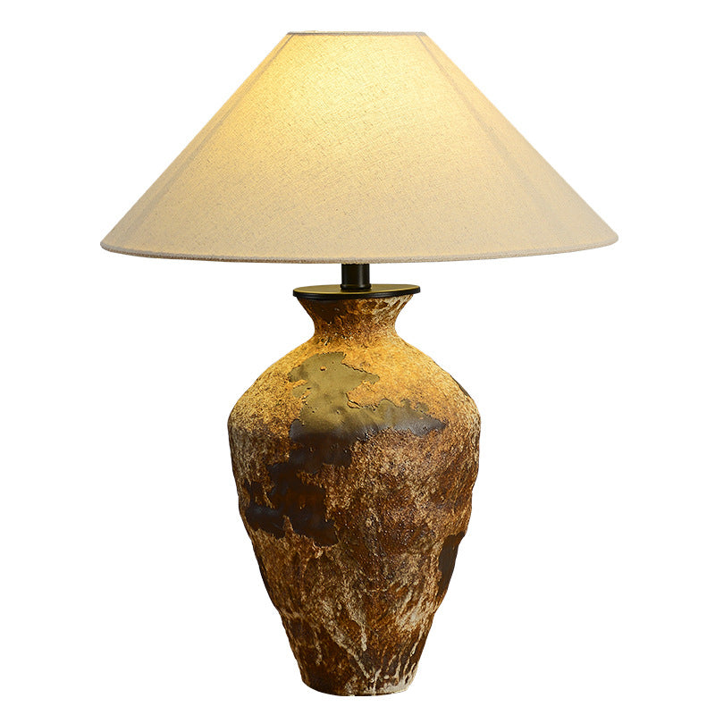 Traditional Japanese Fabric Conical Shade Stoneware Base 1-Light Table Lamp For Home Office