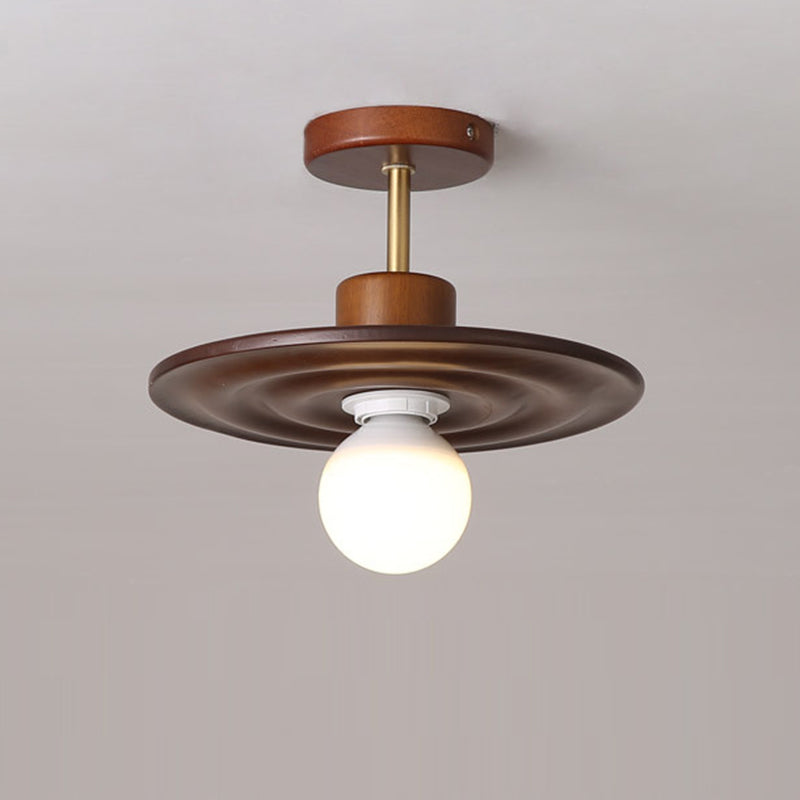 Traditionelle japanische Deckenleuchte aus massivem Holz mit Wellenmuster und Glasschirm, 1-flammig, für den Flur 