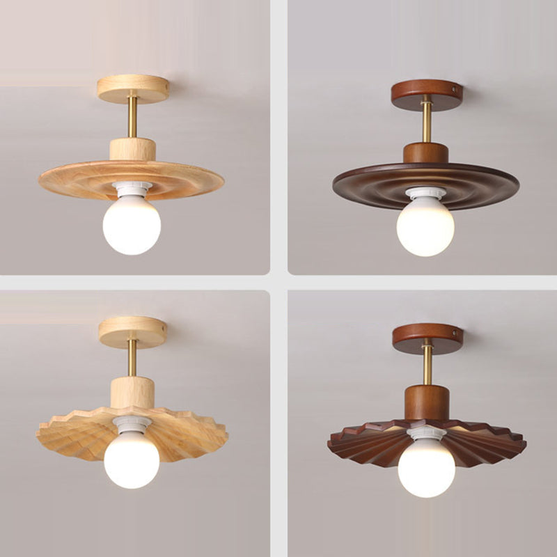 Traditionelle japanische Deckenleuchte aus massivem Holz mit Wellenmuster und Glasschirm, 1-flammig, für den Flur 