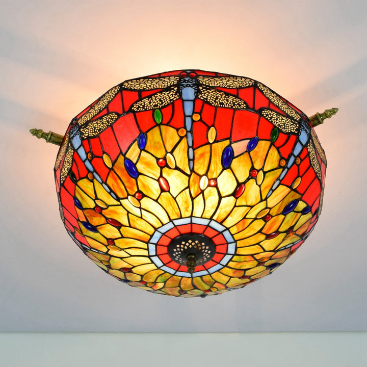 Traditionelle Tiffany-Buntglas-Glühbirne mit Libellenmuster, Eisen, 5-Licht-Halbeinbau-Deckenleuchte für das Wohnzimmer 