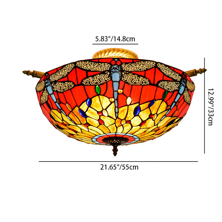 Traditionelle Tiffany-Buntglas-Glühbirne mit Libellenmuster, Eisen, 5-Licht-Halbeinbau-Deckenleuchte für das Wohnzimmer 
