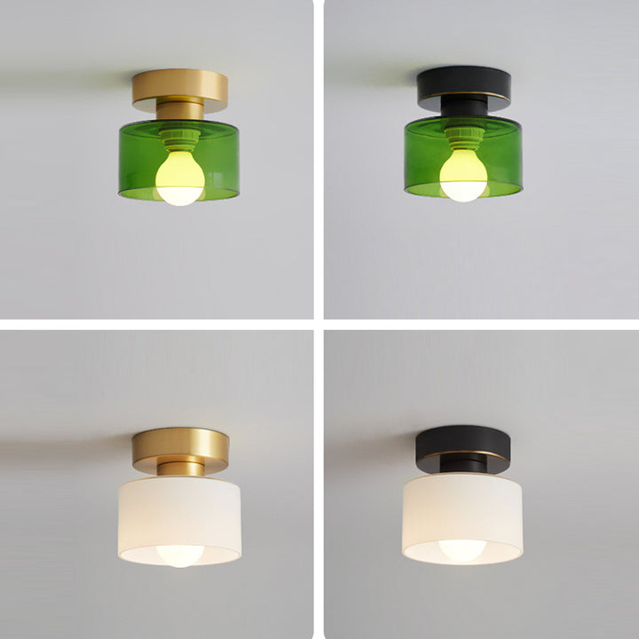 Contemporary Nordic Full Copper Glass Cylinder 1-Light Semi-Flush Mount Ceiling Light For Living Room