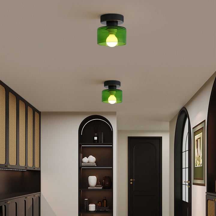Zeitgenössische nordische Vollkupfer-Glaszylinder 1-Licht Semi-Flush Mount Deckenleuchte für Wohnzimmer 