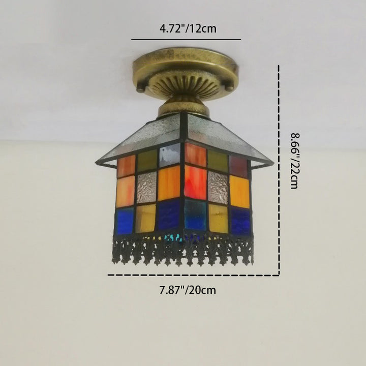 Traditional Tiffany Water Rippled Stained Glass Hardware Square 1-Light Semi-Flush Mount Ceiling Light For Hallway