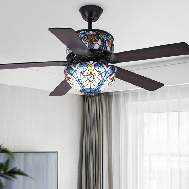 Pantalla de cúpula de vidrio teñido tradicional de Tiffany, ventilador de madera, hardware de 5 luces, varillas hacia abajo, luz de ventilador de techo para sala de estar 