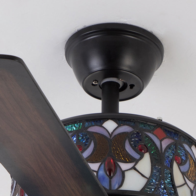 Pantalla de cúpula de vidrio teñido tradicional de Tiffany, ventilador de madera, hardware de 5 luces, varillas hacia abajo, luz de ventilador de techo para sala de estar 
